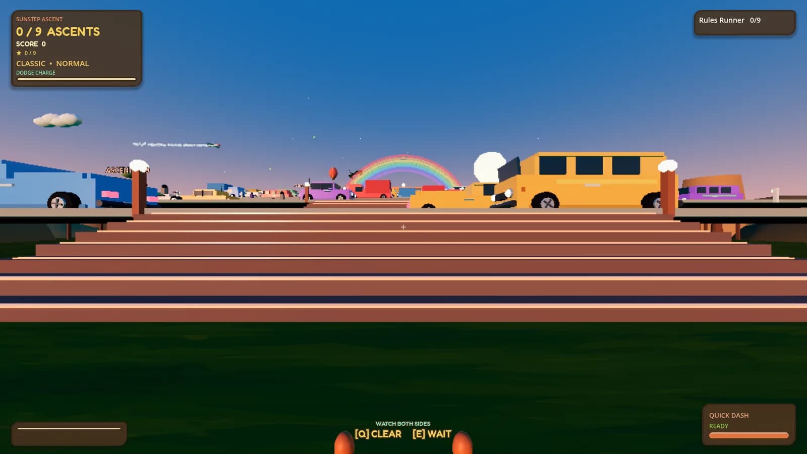 First-person view of a rush-hour crossing at dusk, with a rainbow over the traffic