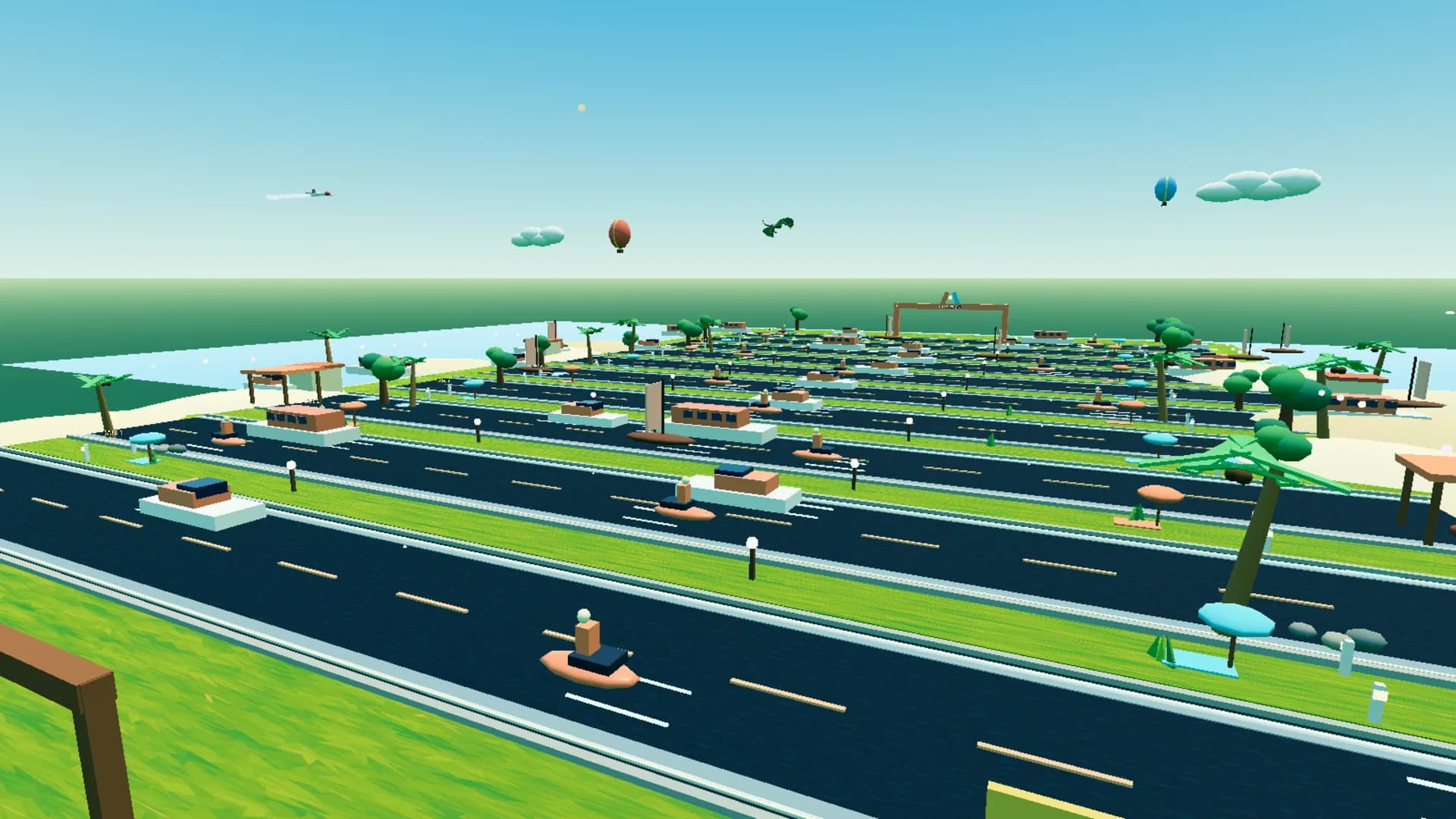 An aerial view of BONKED!'s multi-lane crossing course, packed with cars, palm trees and hot air balloons