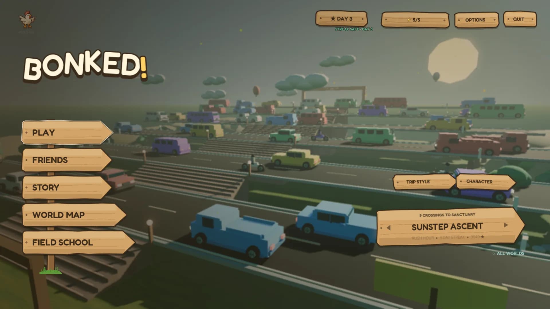 The BONKED! main menu, styled as hand-painted wooden trail signage