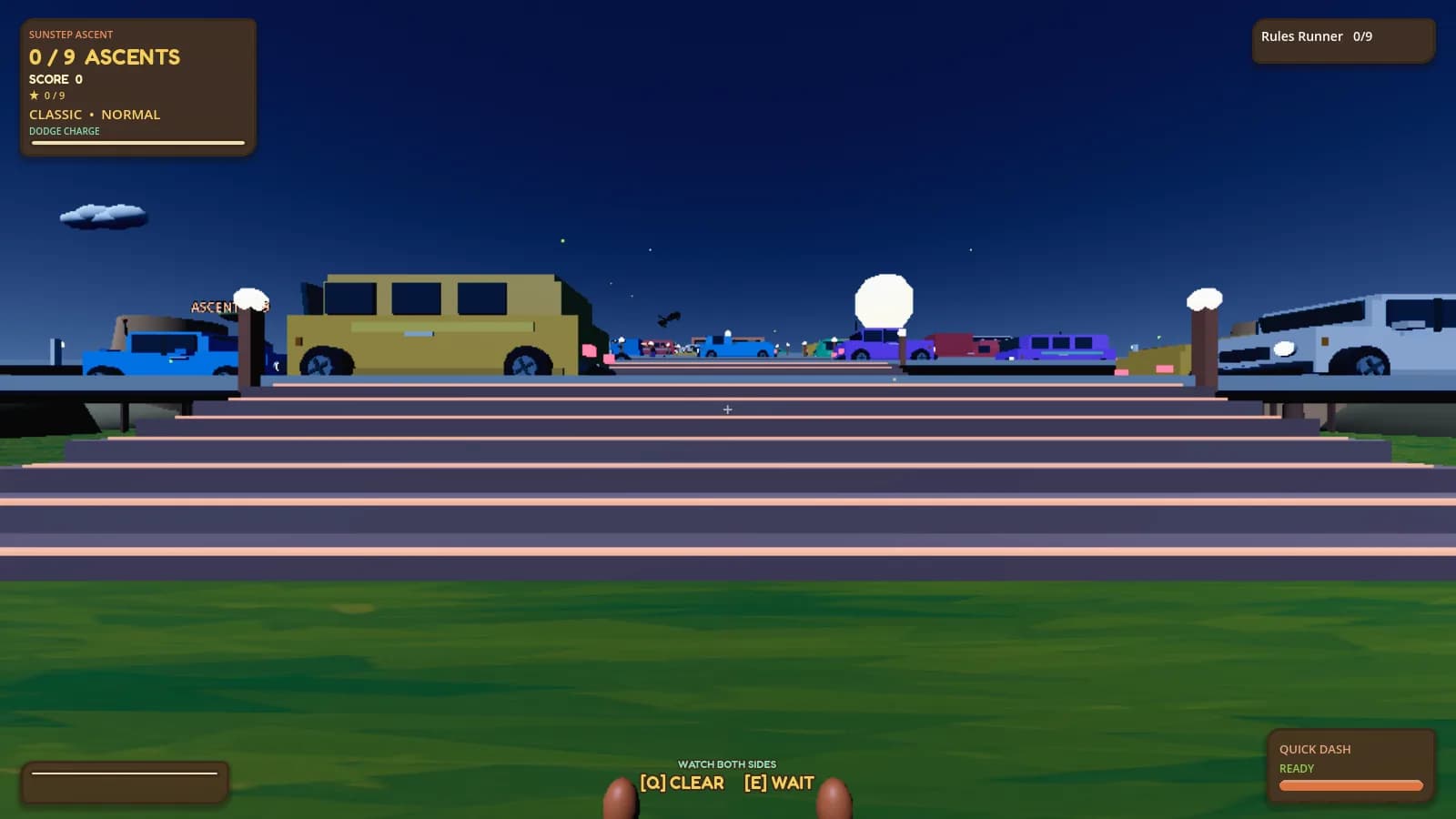 First-person view of a crossing at night, headlights streaming past